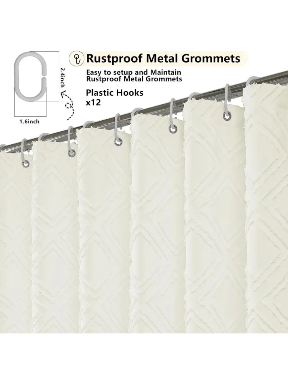Boho Cream Shower Curtain Set, Jacquard Geometric Fabric, 72x72, Machine